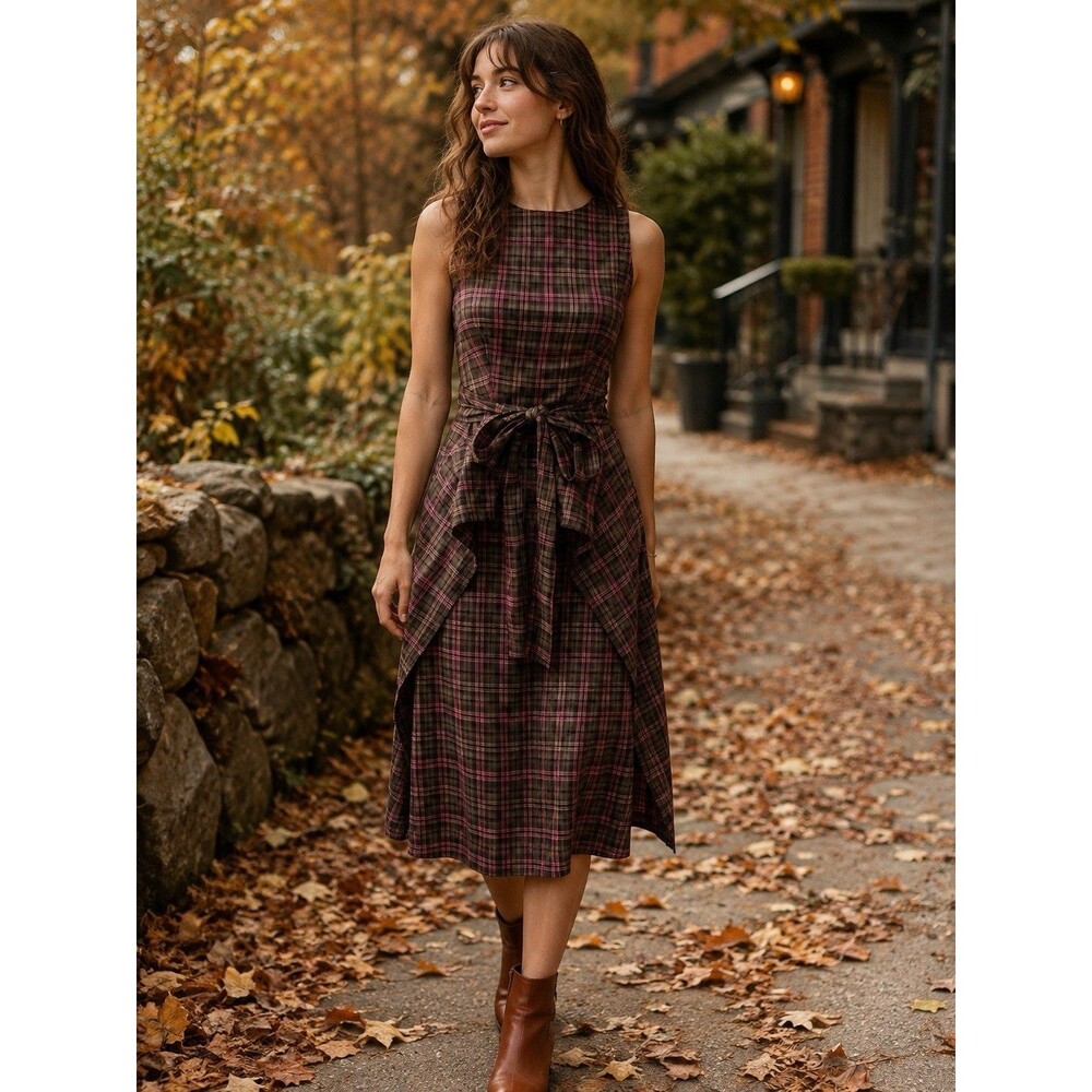 NWT Cider Cottagecore Dress Brown Plaid Wrap Waist Midi Size XS Sleeveless